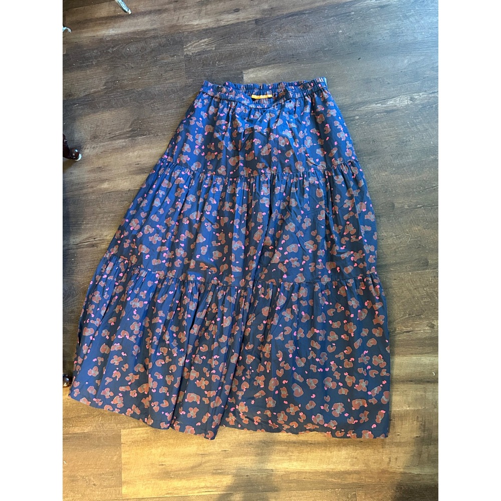 Oliphant Blue Pink Abstract Floral Tiered Cotton Maxi Skirt Small Boho Resort